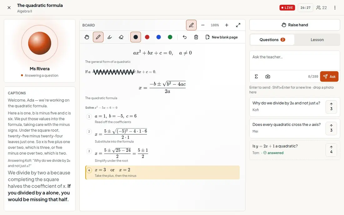 An AI-taught class: the teacher explains the quadratic formula on a whiteboard while pupils ask questions
