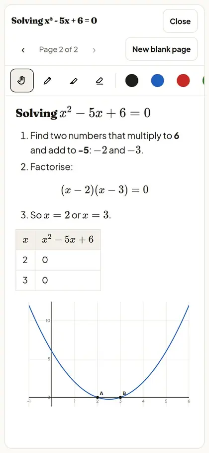 The AI Tutor on a phone, solving a quadratic equation step by step with a graph